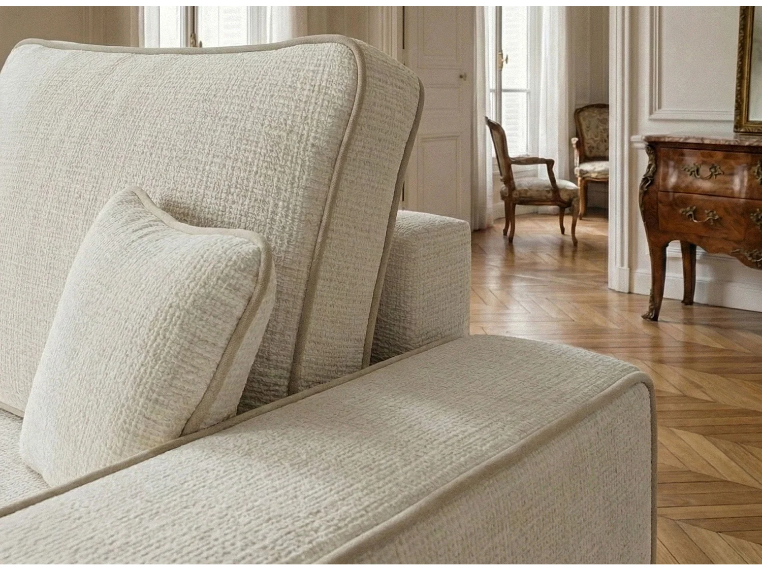 Canapé d'angle gauche convertible en tissu chenille creme-beige MODO