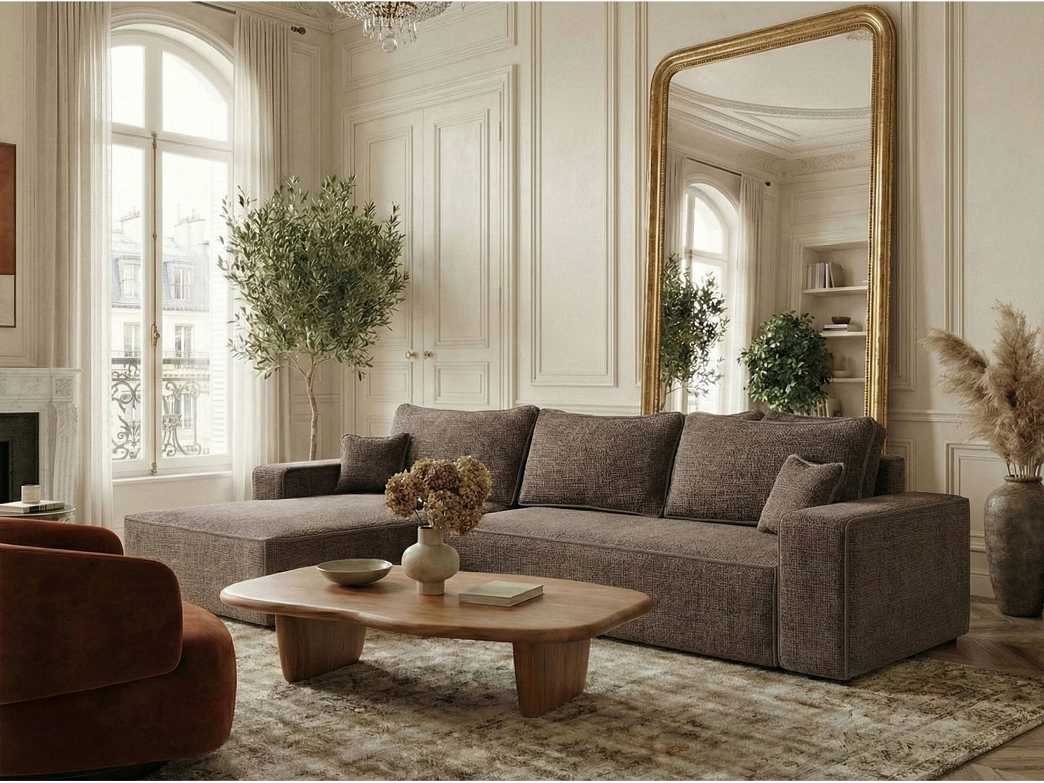 Canapé d'angle gauche convertible en tissu chenille brun MODO