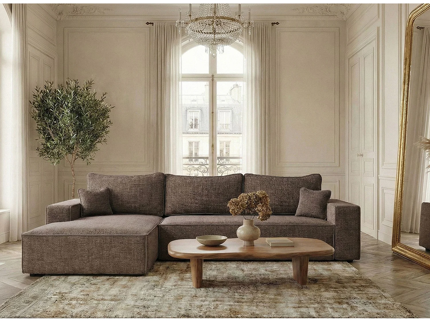 Canapé d'angle gauche convertible en tissu chenille brun MODO