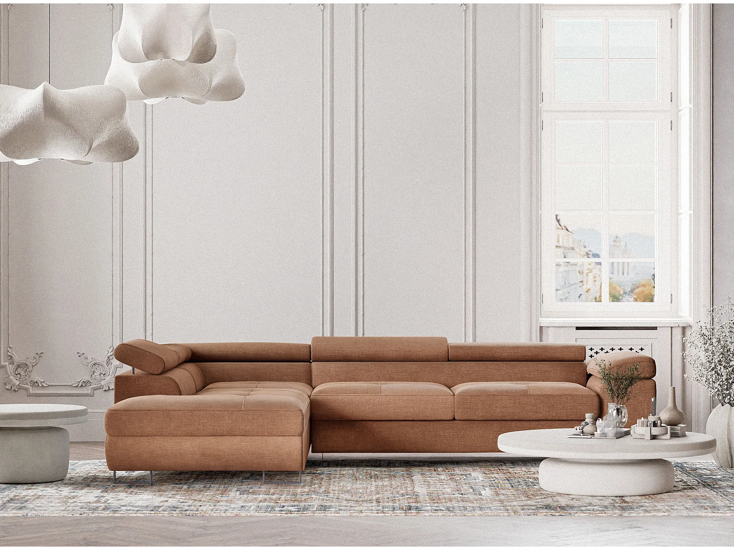 Canapé d'angle gauche convertible en tissu chenille brun CONCORD