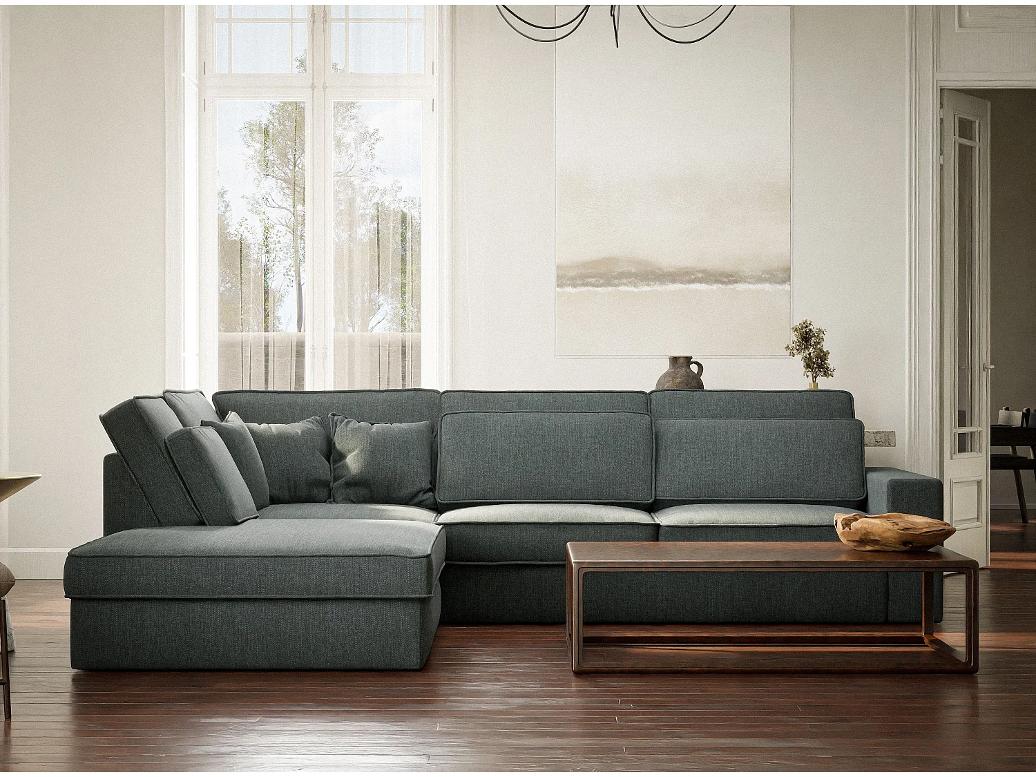 Canapé d'angle gauche 5 places en tissu tressé bleu KIROU