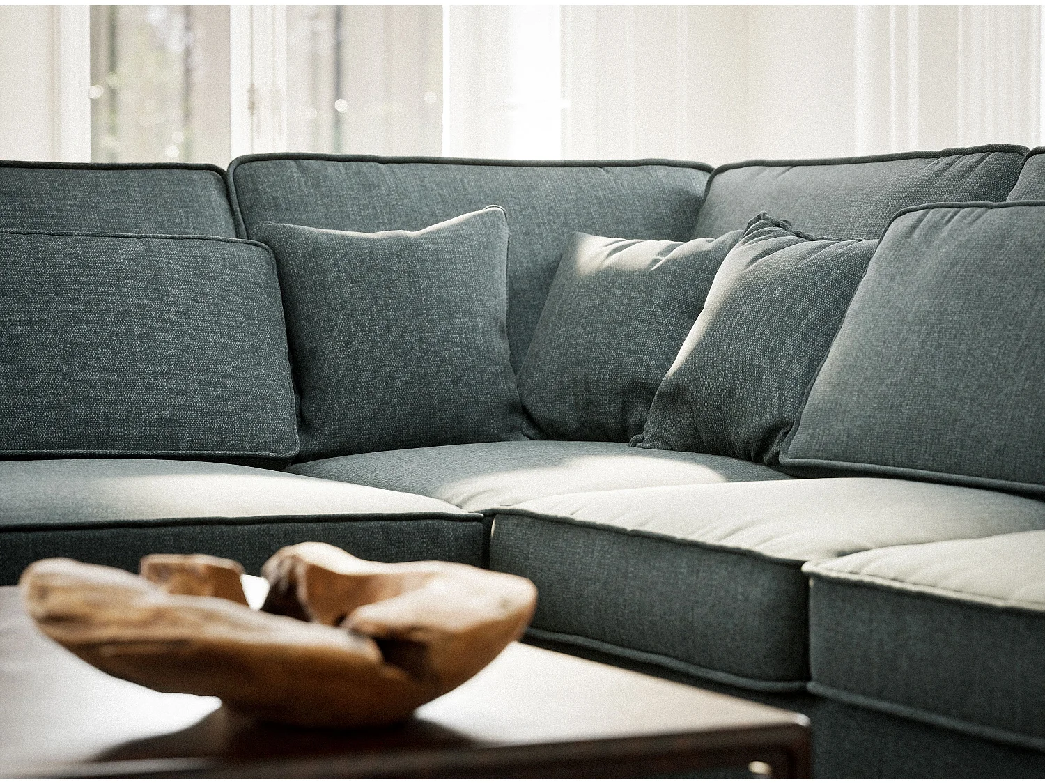 Canapé d'angle gauche 5 places en tissu tressé bleu KIROU