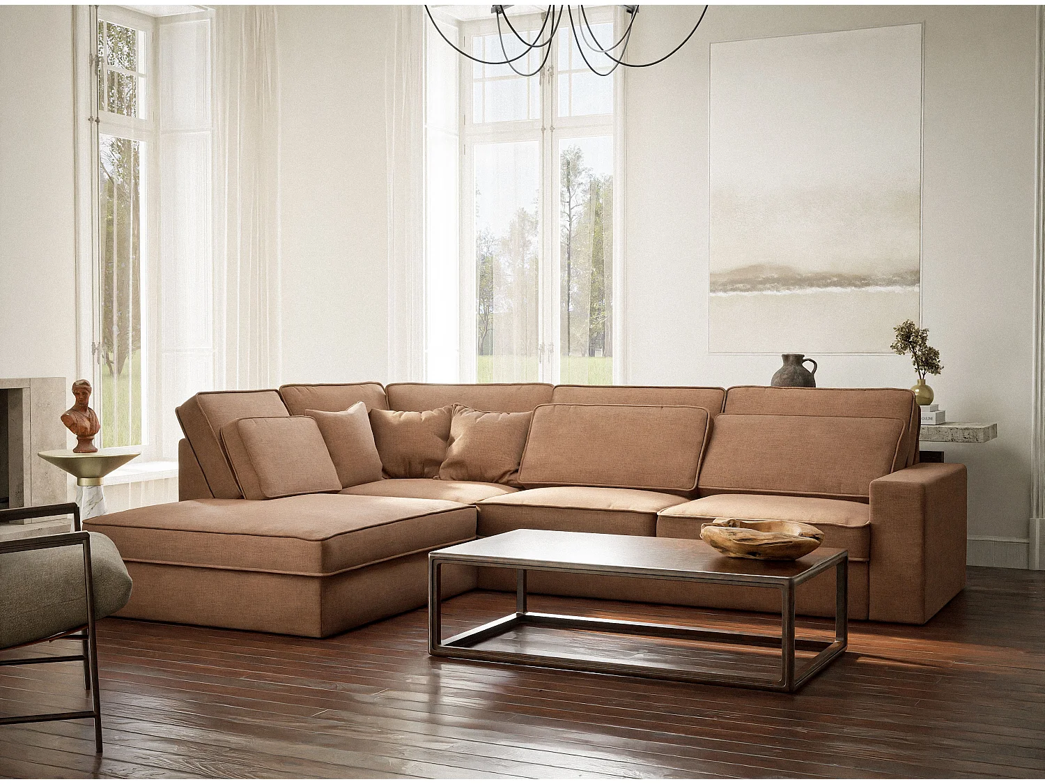 Canapé d'angle gauche 5 places en tissu chenille bronze KIROU