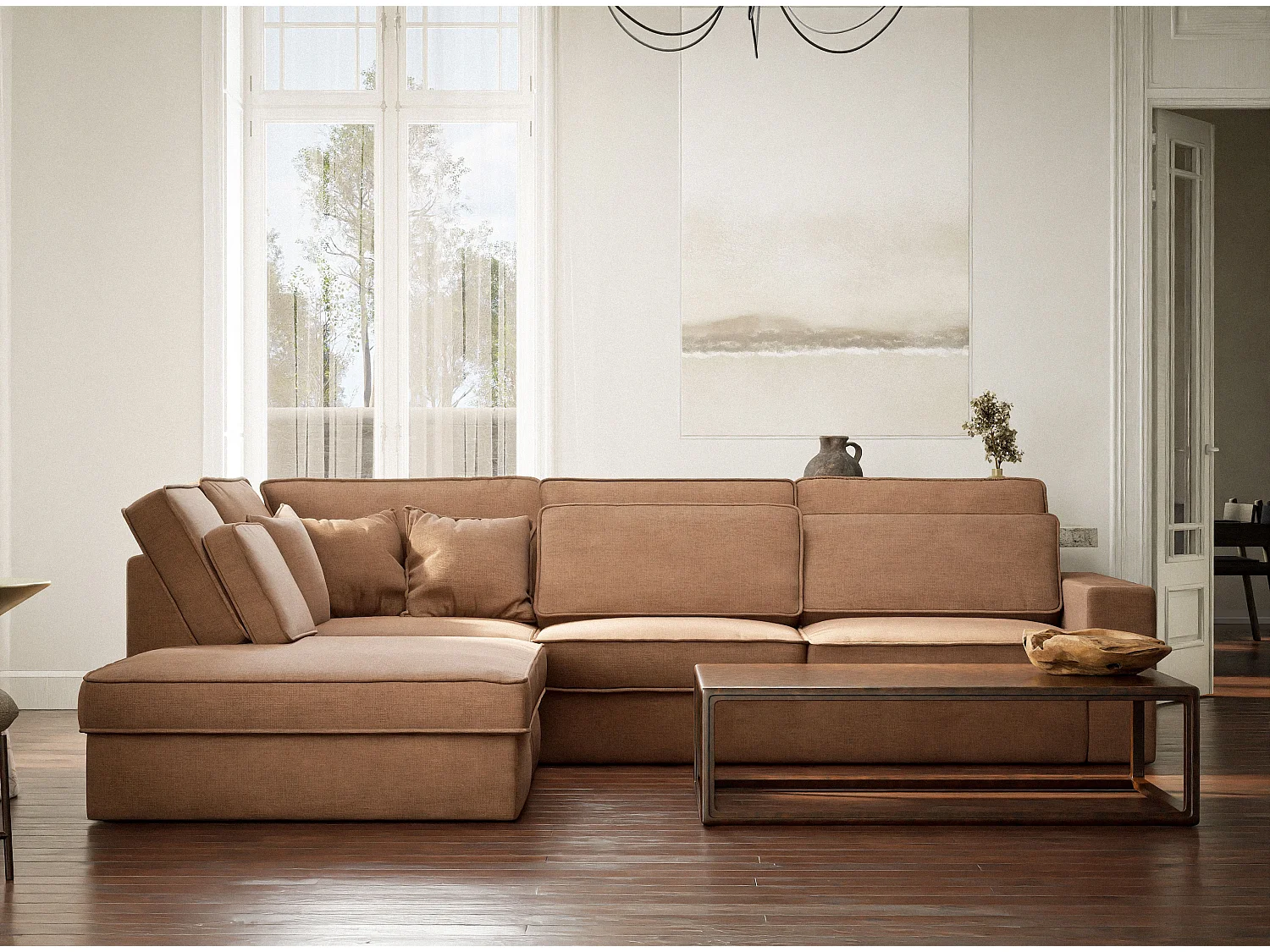 Canapé d'angle gauche 5 places en tissu chenille bronze KIROU