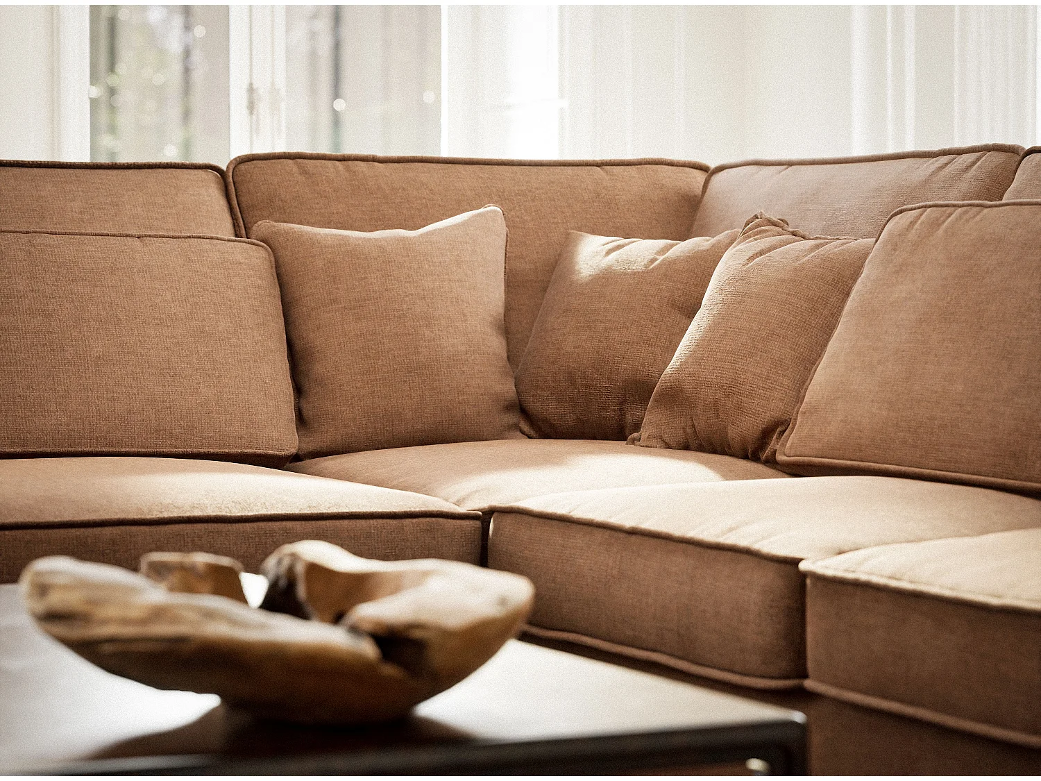 Canapé d'angle gauche 5 places en tissu chenille bronze KIROU