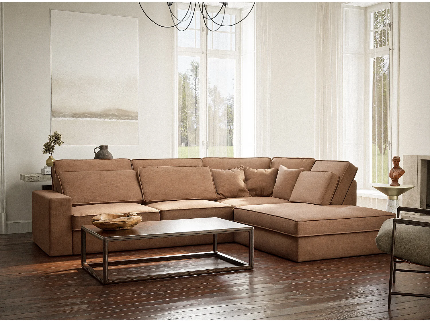 Canapé d'angle droit 5 places en tissu chenille bronze KIROU