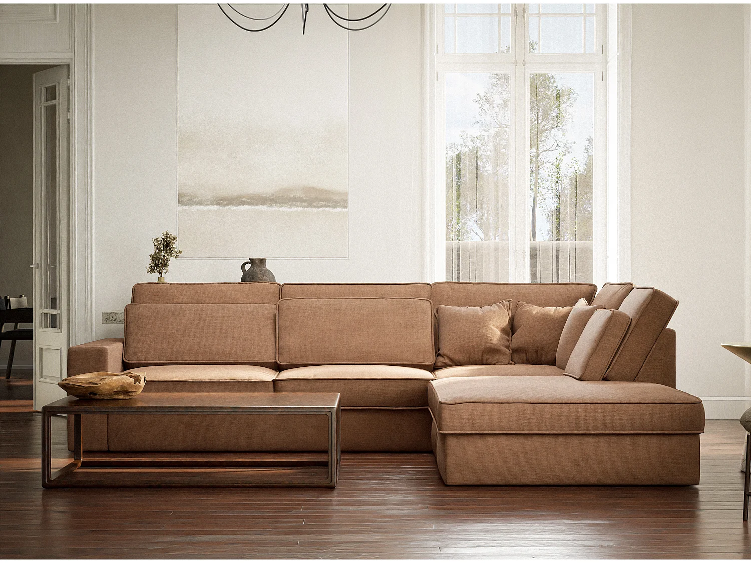 Canapé d'angle droit 5 places en tissu chenille bronze KIROU