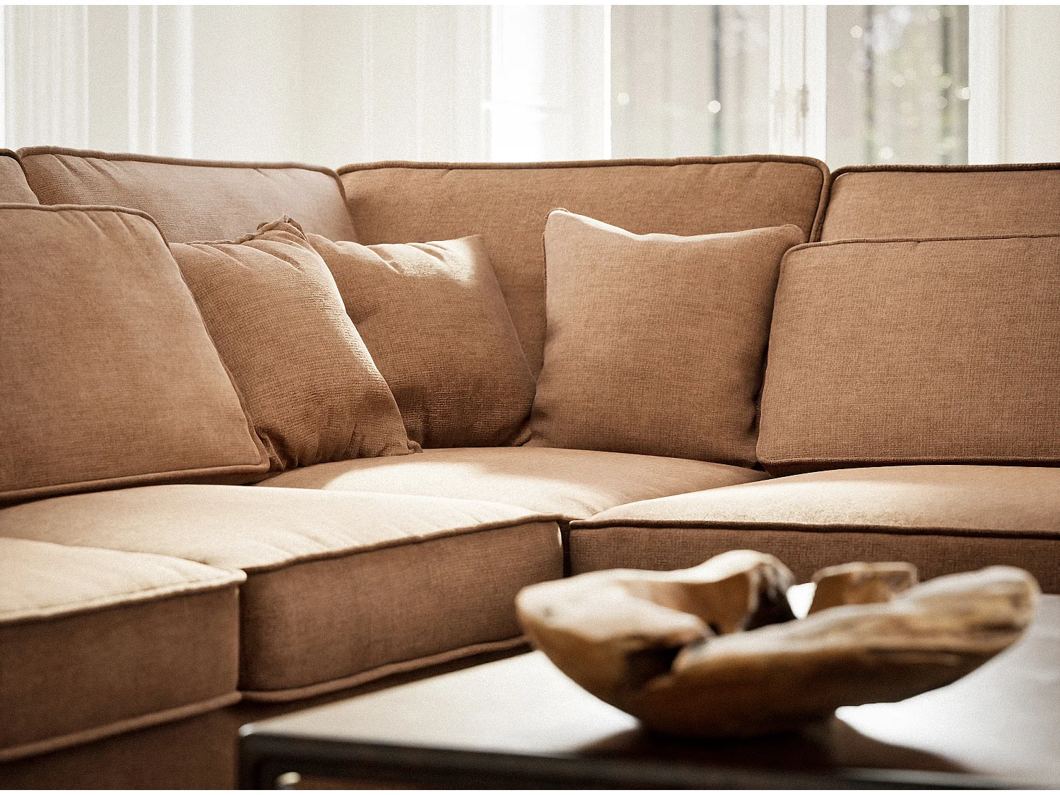 Canapé d'angle droit 5 places en tissu chenille bronze KIROU