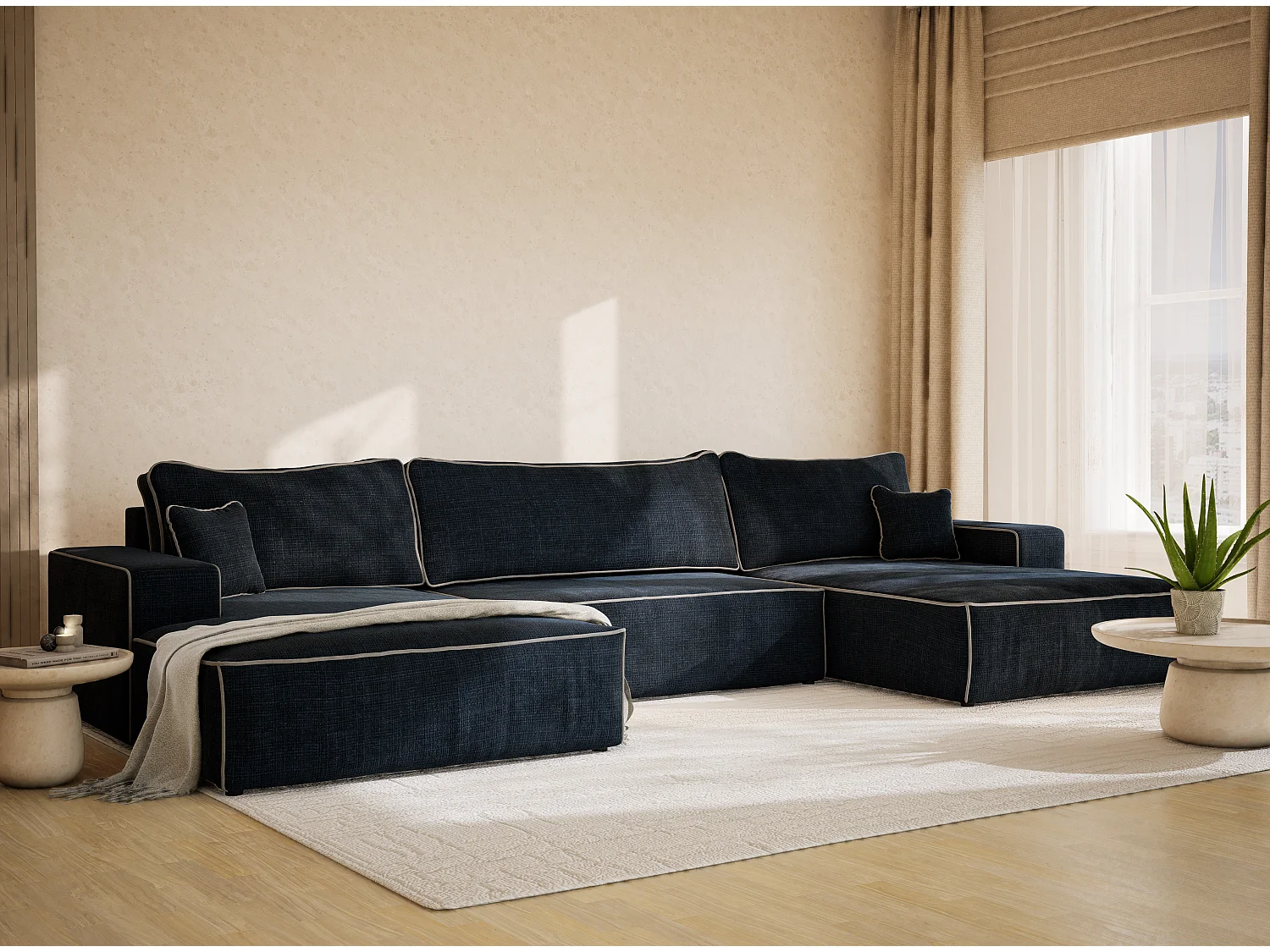 Canapé d'angle panoramique convertible en tissu chenille bleu foncé-gris DESEO