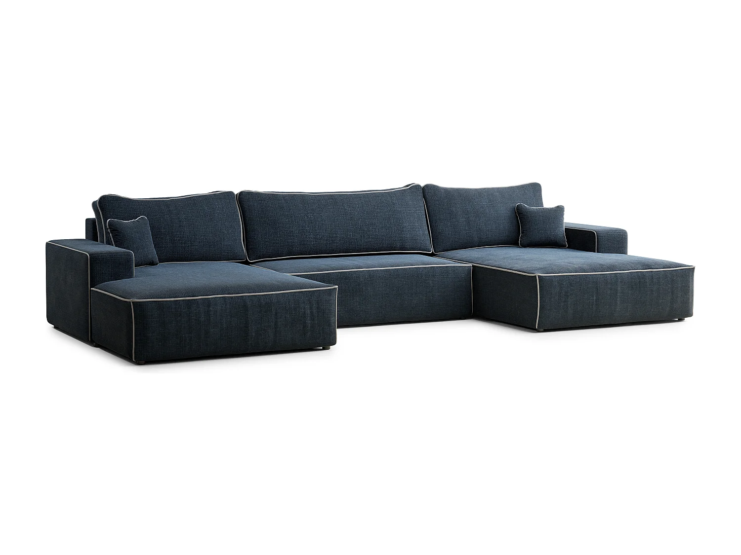 Canapé d'angle panoramique convertible en tissu chenille bleu foncé-gris DESEO