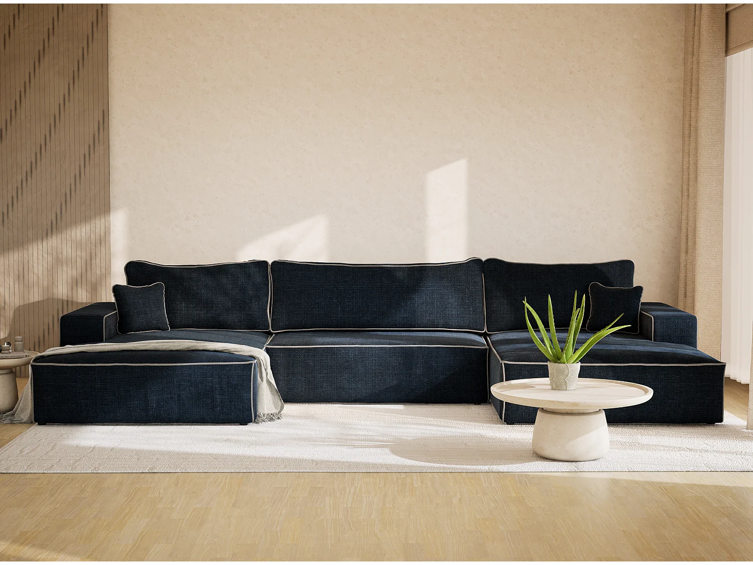 Canapé d'angle panoramique convertible en tissu chenille bleu foncé-gris DESEO