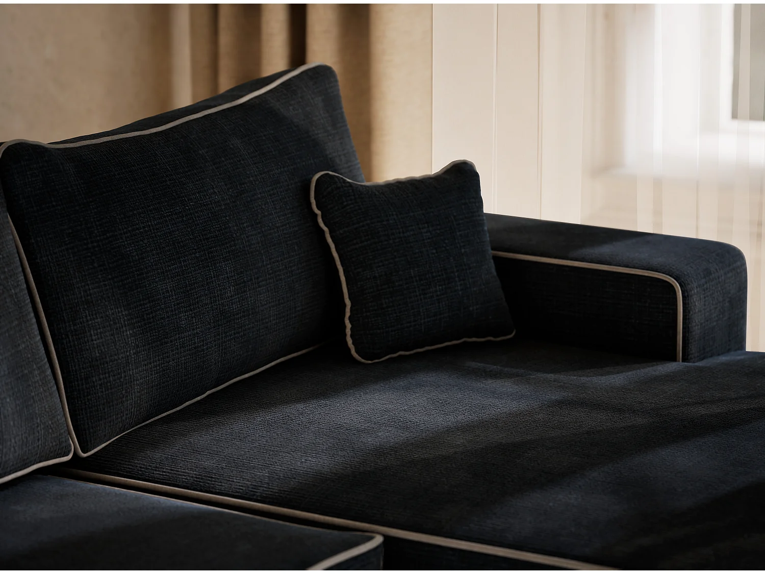 Canapé d'angle panoramique convertible en tissu chenille bleu foncé-gris DESEO