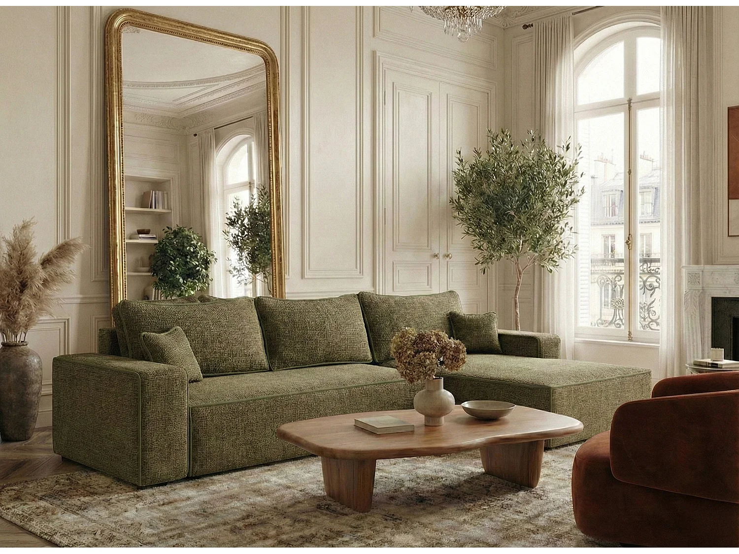 Canapé d'angle droit convertible en tissu chenille vert olive MODO