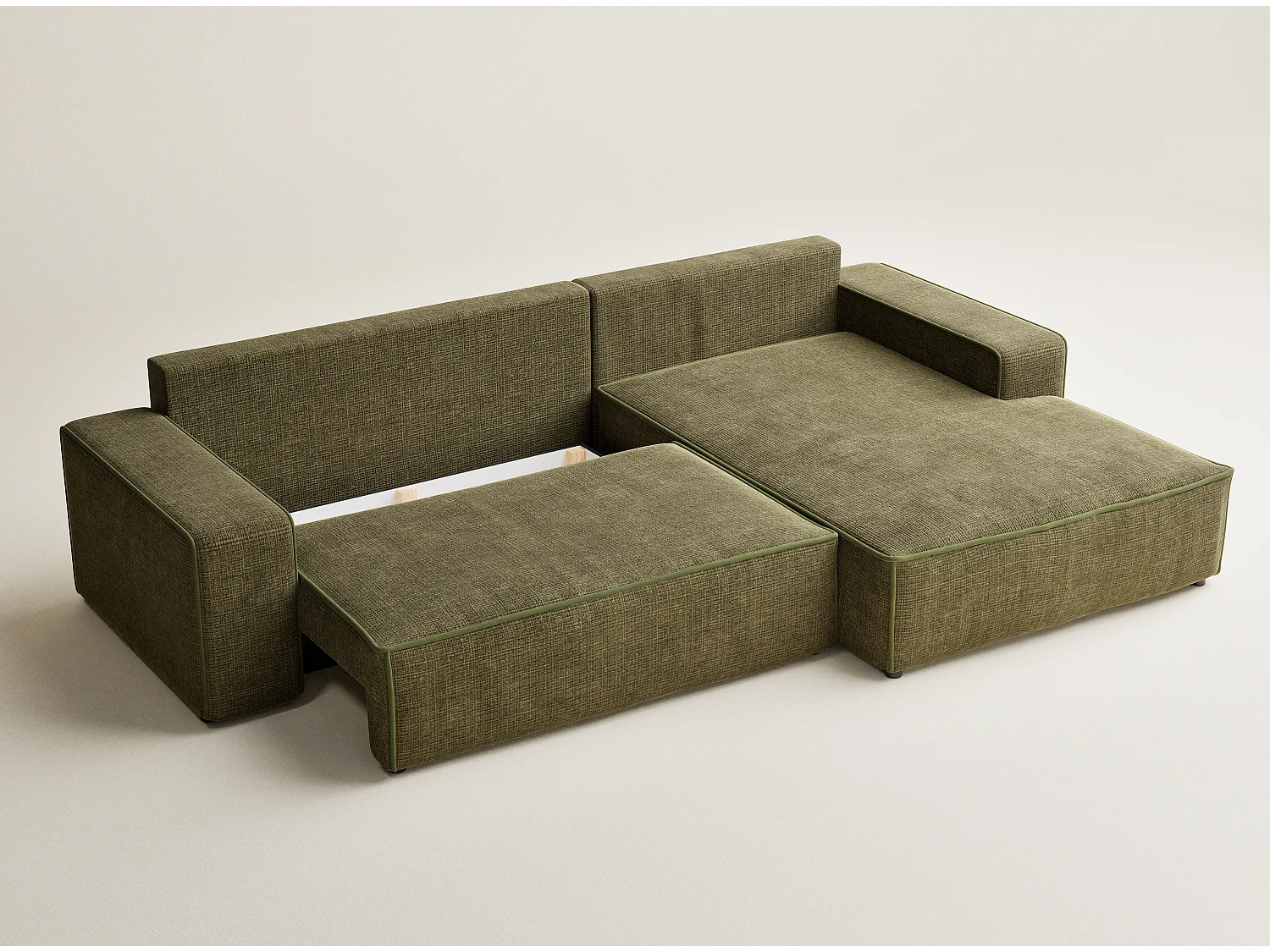 Canapé d'angle droit convertible en tissu chenille vert olive MODO