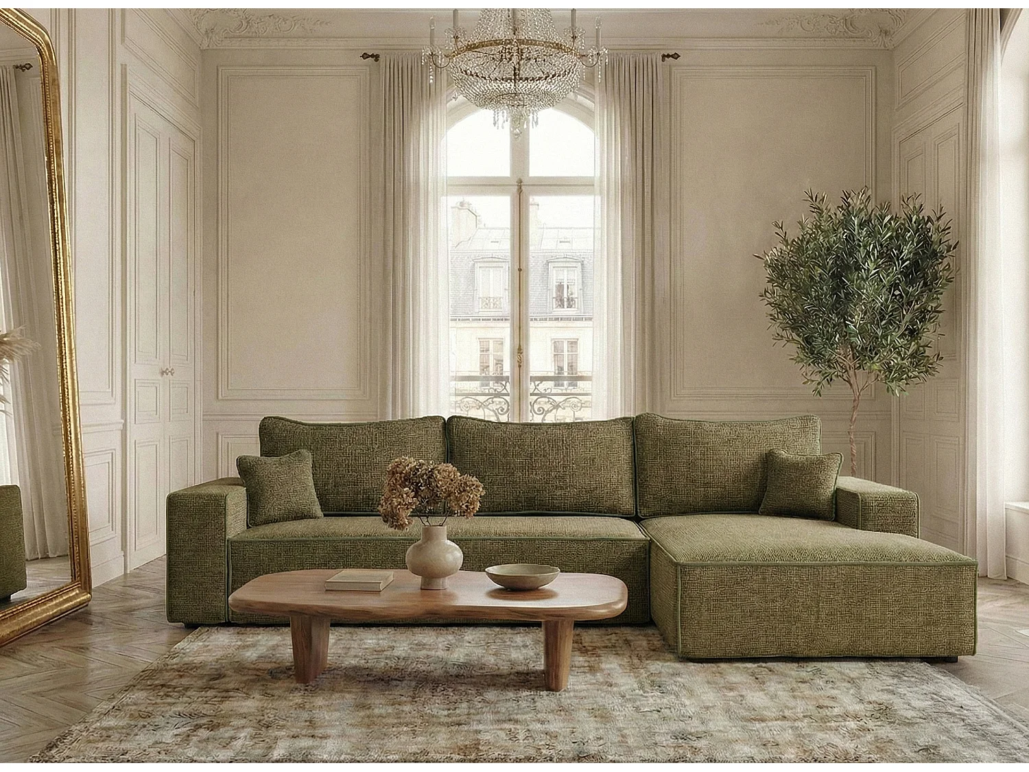 Canapé d'angle droit convertible en tissu chenille vert olive MODO