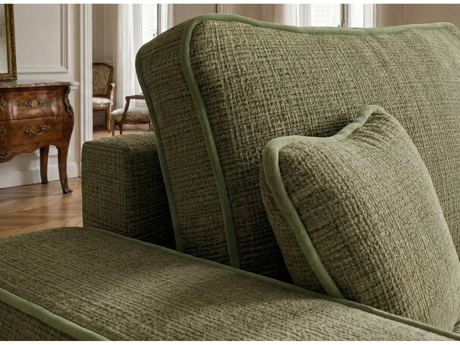 Canapé d'angle droit convertible en tissu chenille vert olive MODO