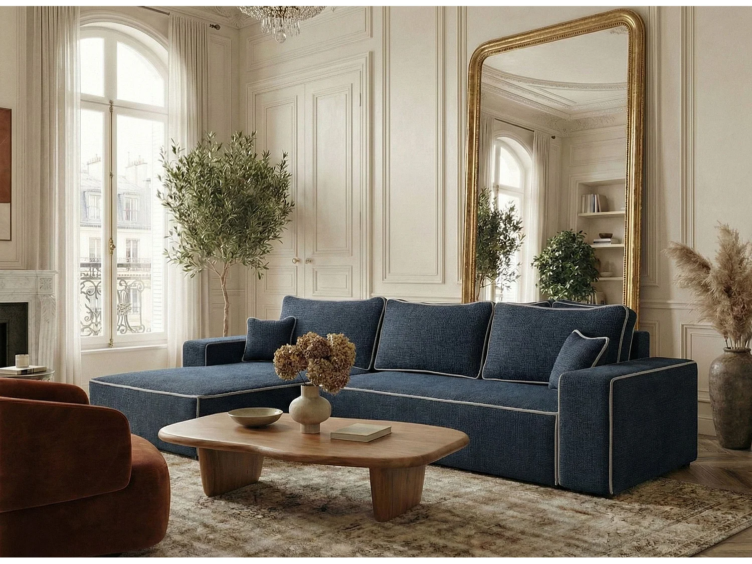 Canapé d'angle gauche convertible en tissu chenille bleu foncé-gris MODO