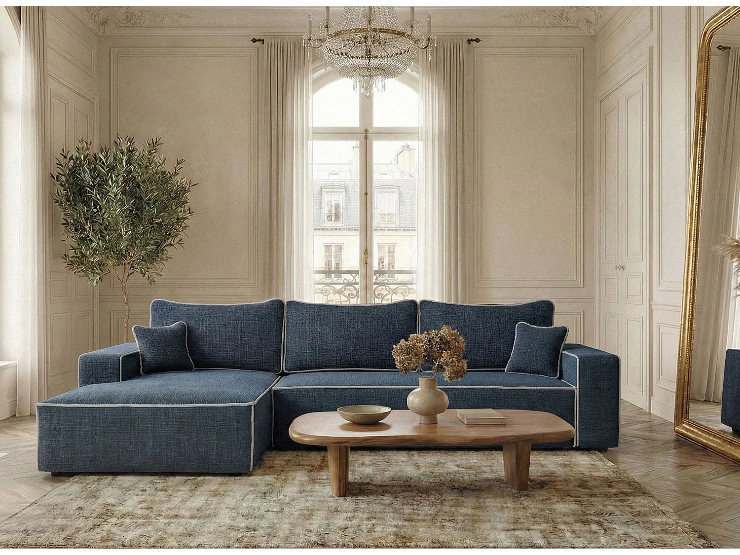 Canapé d'angle gauche convertible en tissu chenille bleu foncé-gris MODO