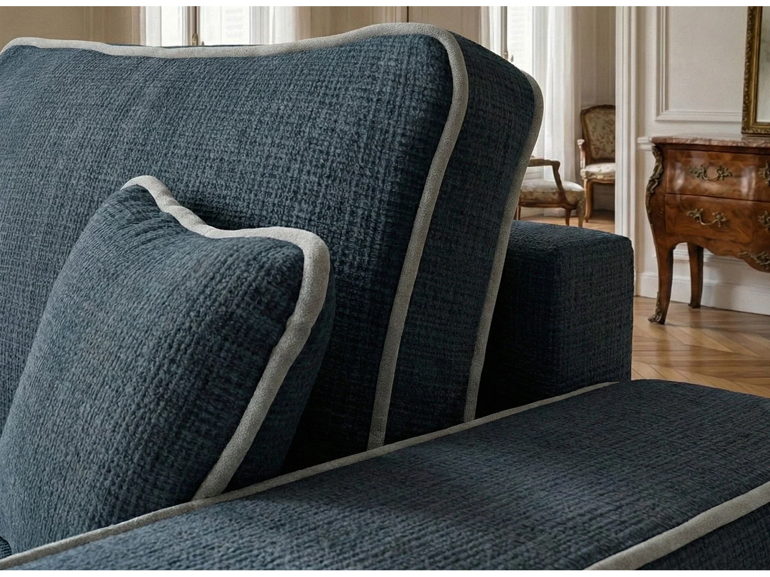 Canapé d'angle gauche convertible en tissu chenille bleu foncé-gris MODO