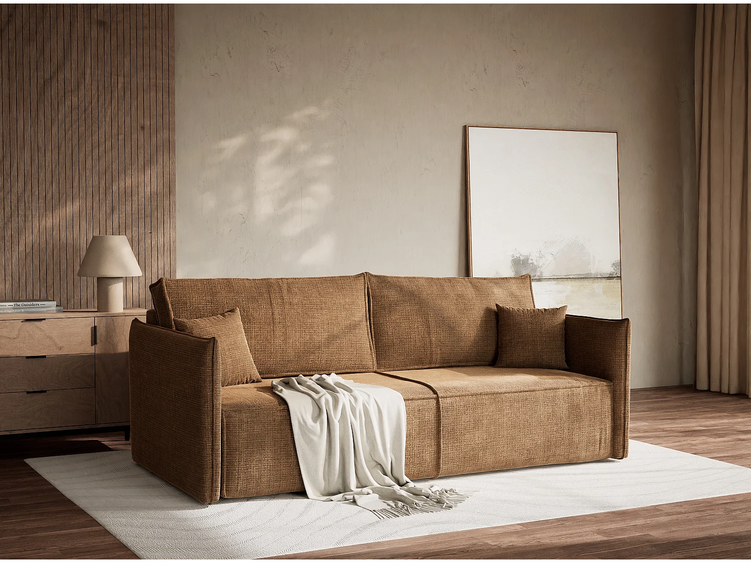 Canapé 3 places convertible en tissu chenille brun clair OBRA