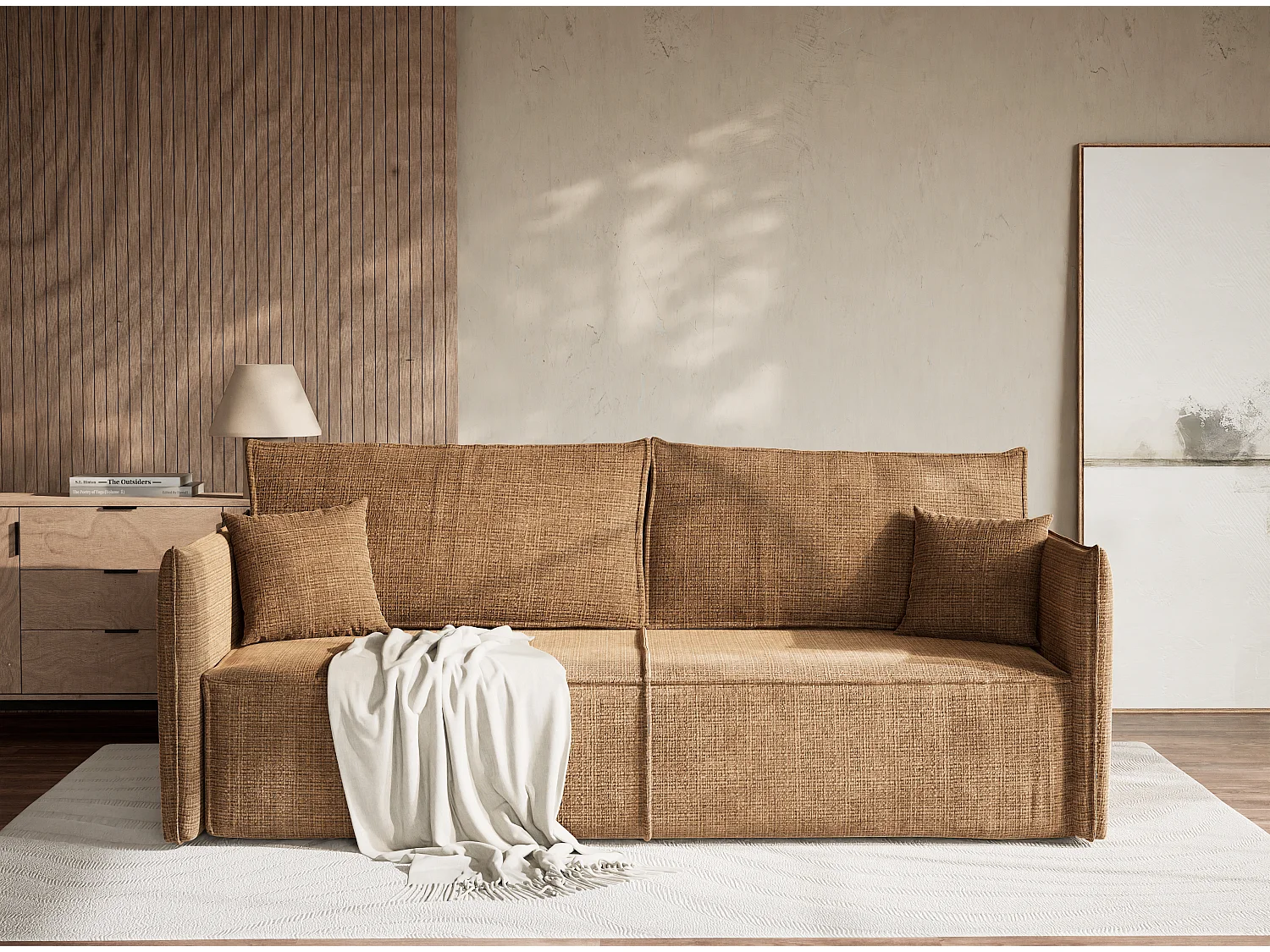 Canapé 3 places convertible en tissu chenille brun clair OBRA