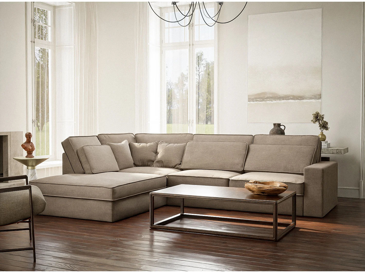 Canapé d'angle gauche 5 places en tissu chenille gris brun KIROU