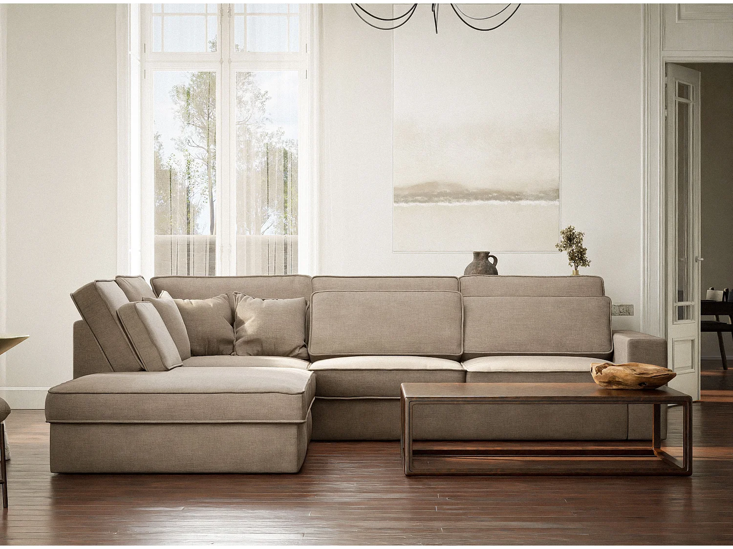 Canapé d'angle gauche 5 places en tissu chenille gris brun KIROU