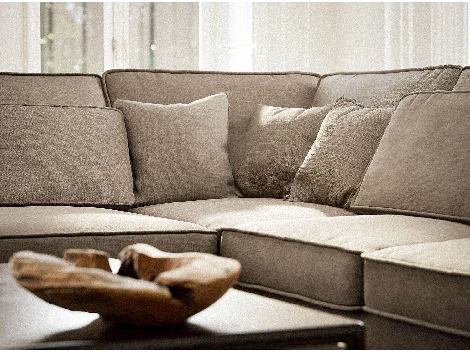 Canapé d'angle gauche 5 places en tissu chenille gris brun KIROU