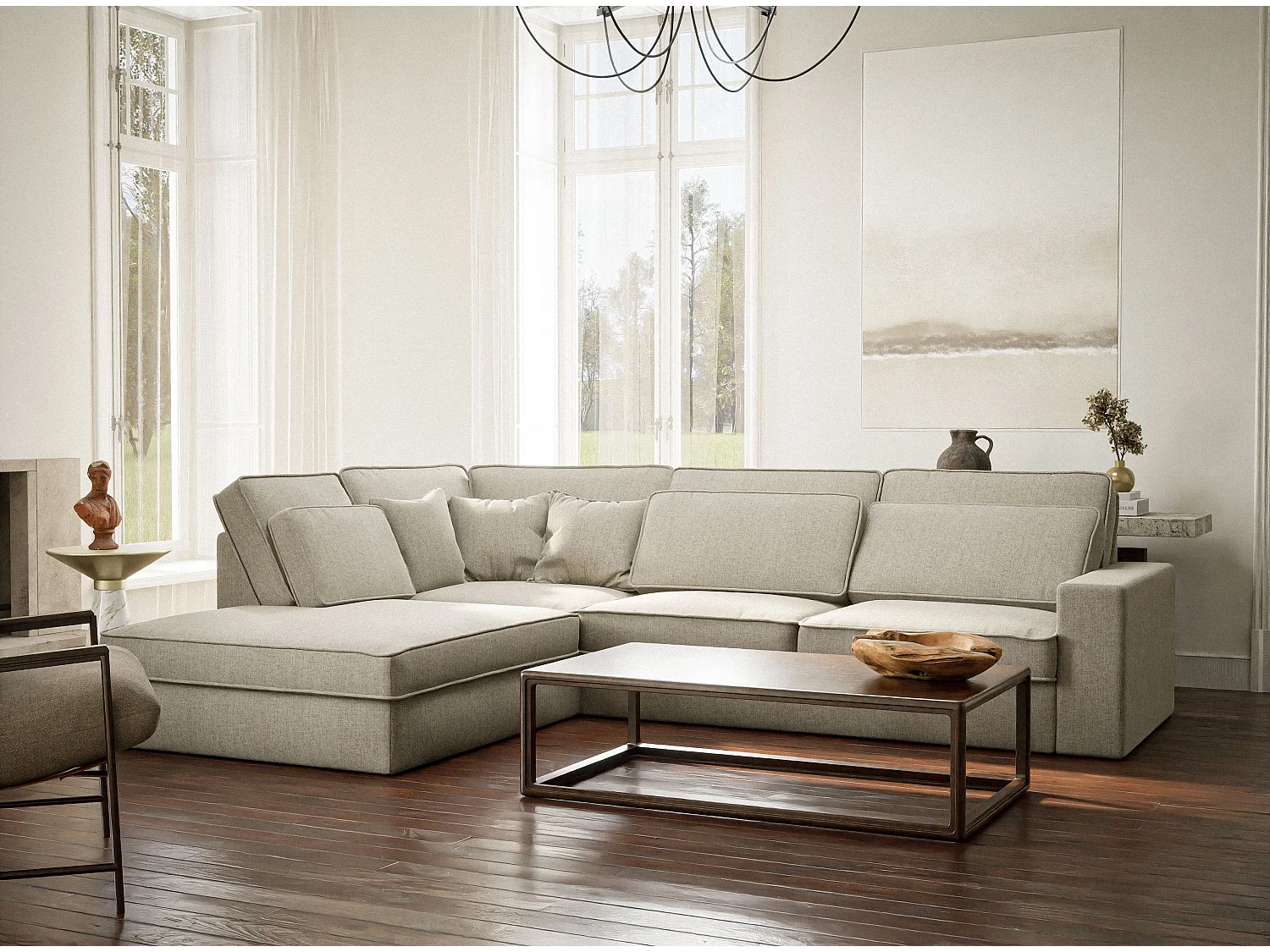 Hoekbank 5-zits met hoek links KIROU - geweven stof - beige