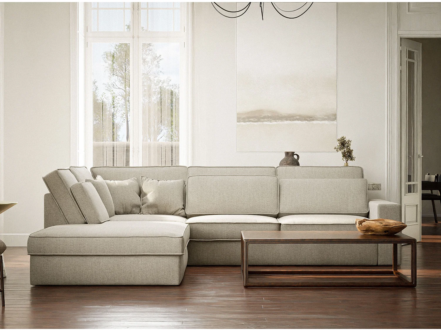 Hoekbank 5-zits met hoek links KIROU - geweven stof - beige