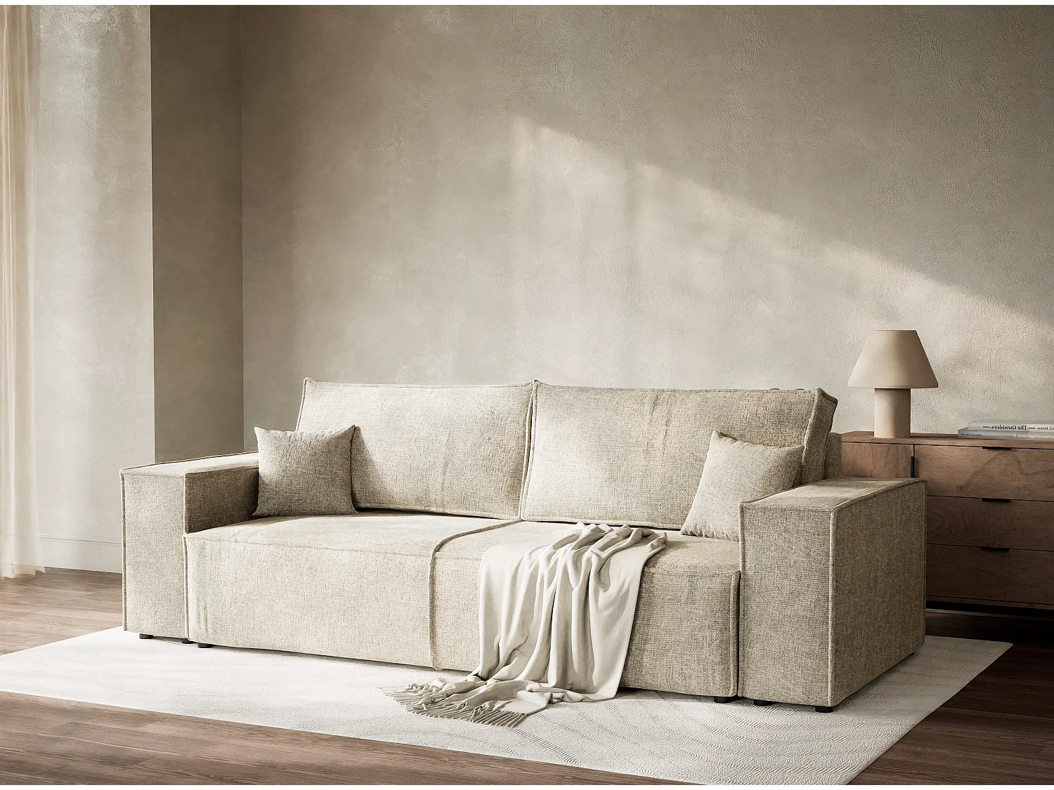 Canapé 3 places convertible en tissu chenille beige MILOS