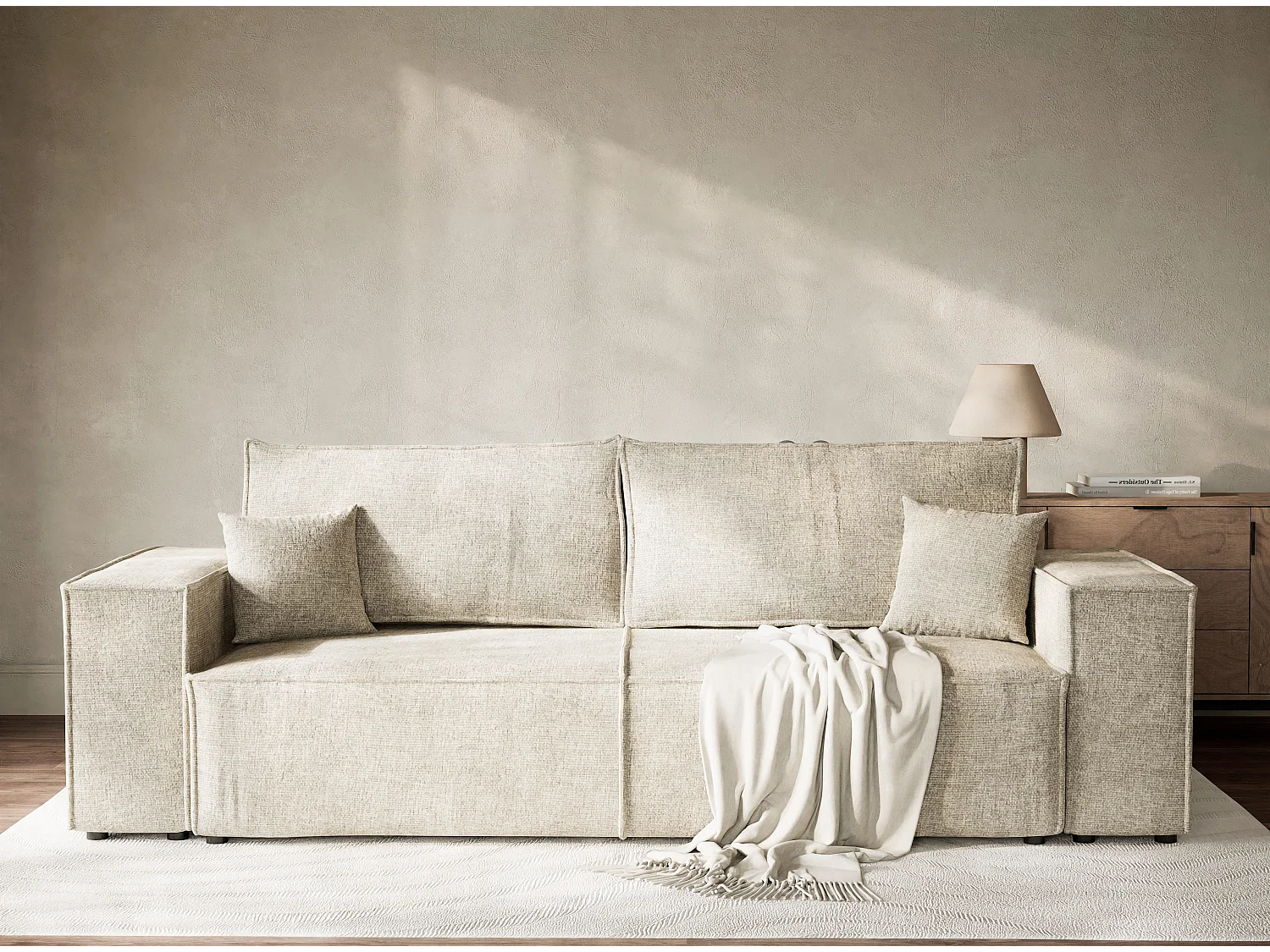 Canapé 3 places convertible en tissu chenille beige MILOS