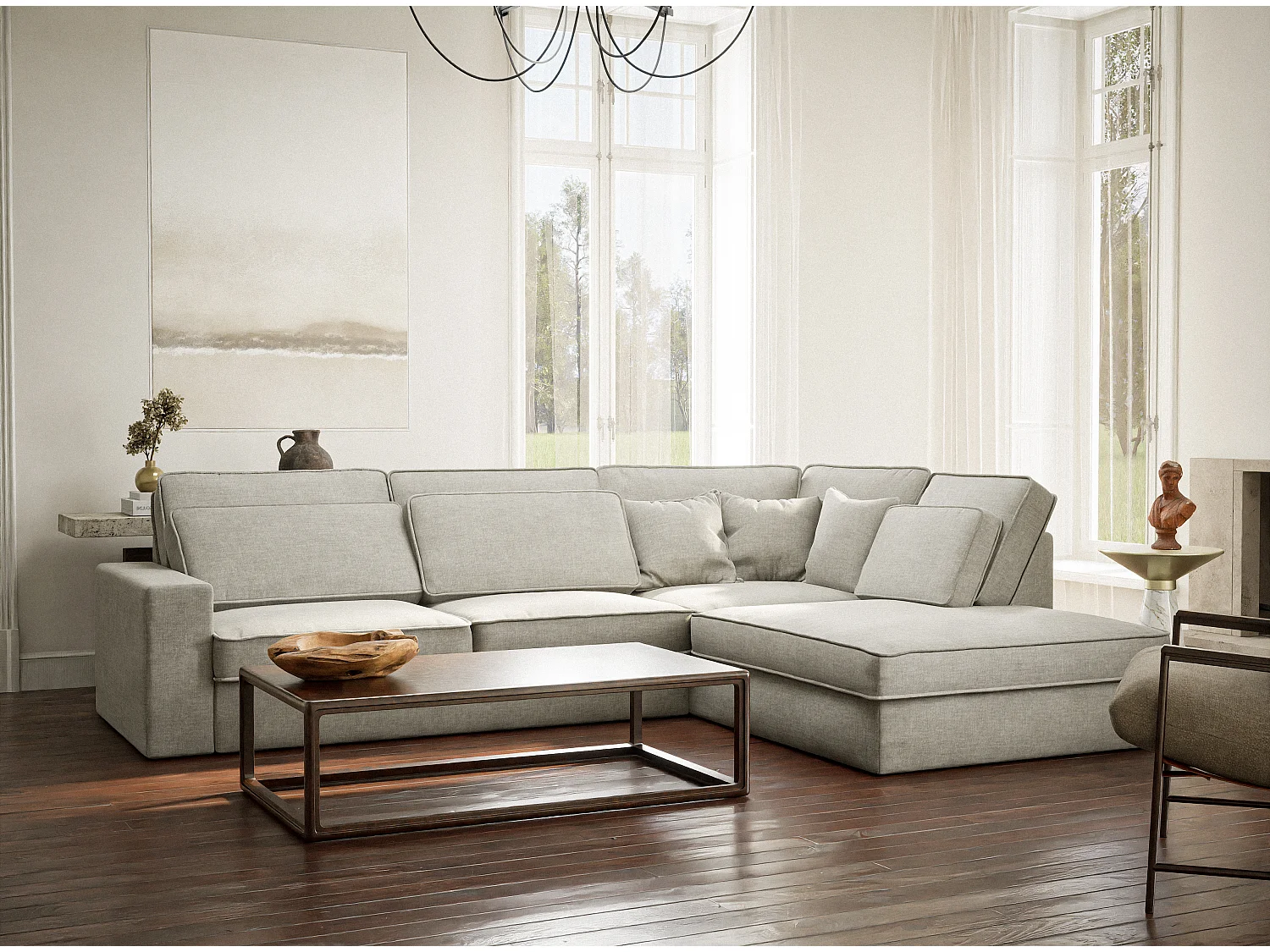 Canapé d'angle droit 5 places en tissu chenille gris KIROU