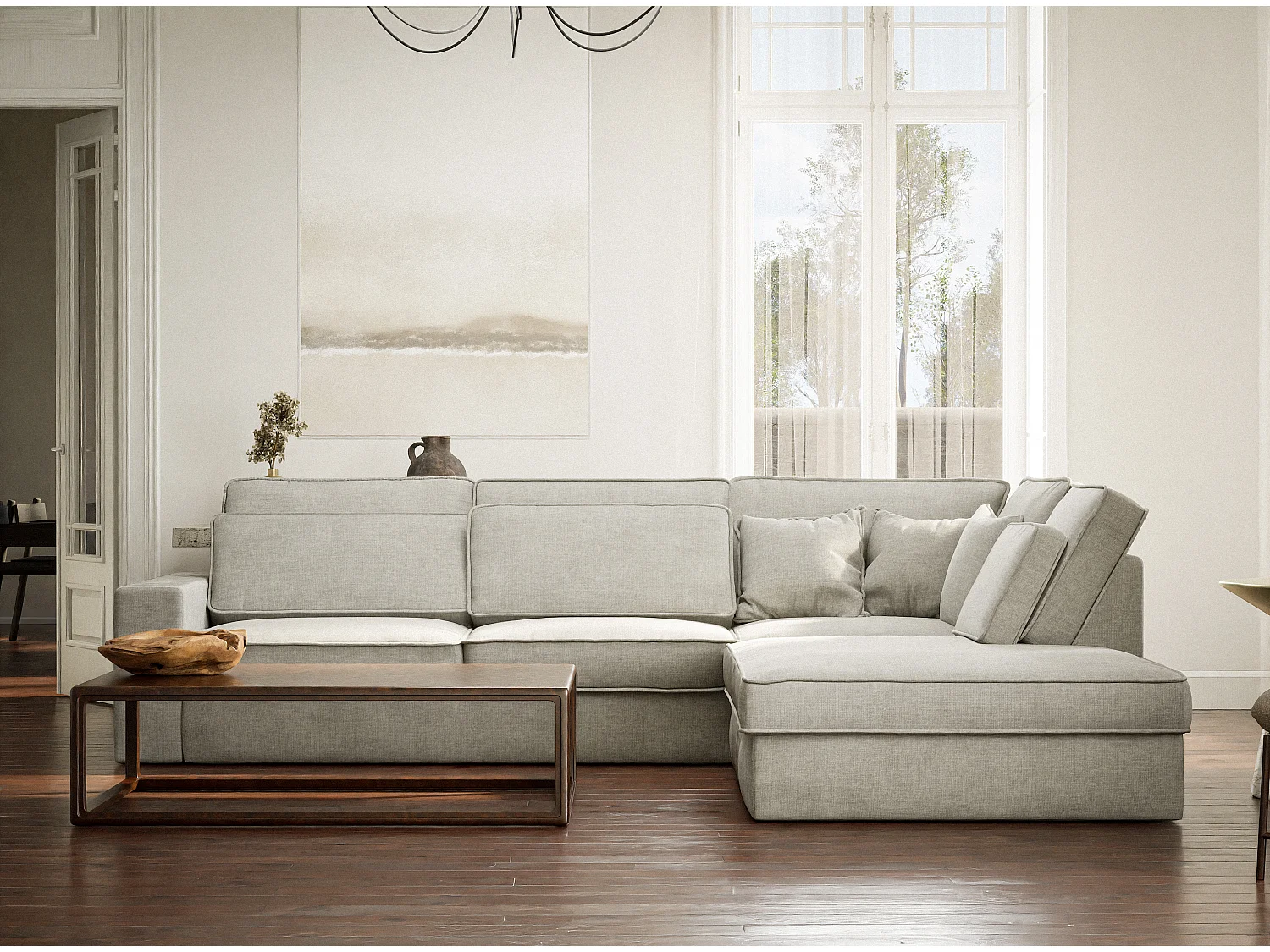 Canapé d'angle droit 5 places en tissu chenille gris KIROU