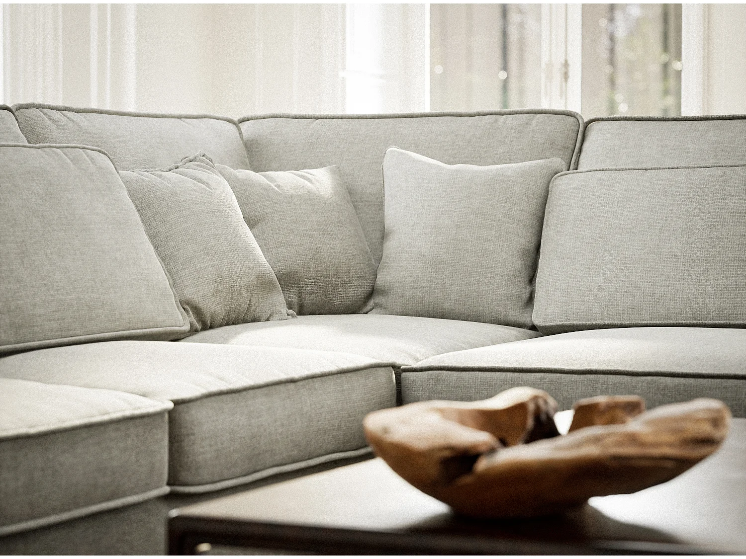 Canapé d'angle droit 5 places en tissu chenille gris KIROU