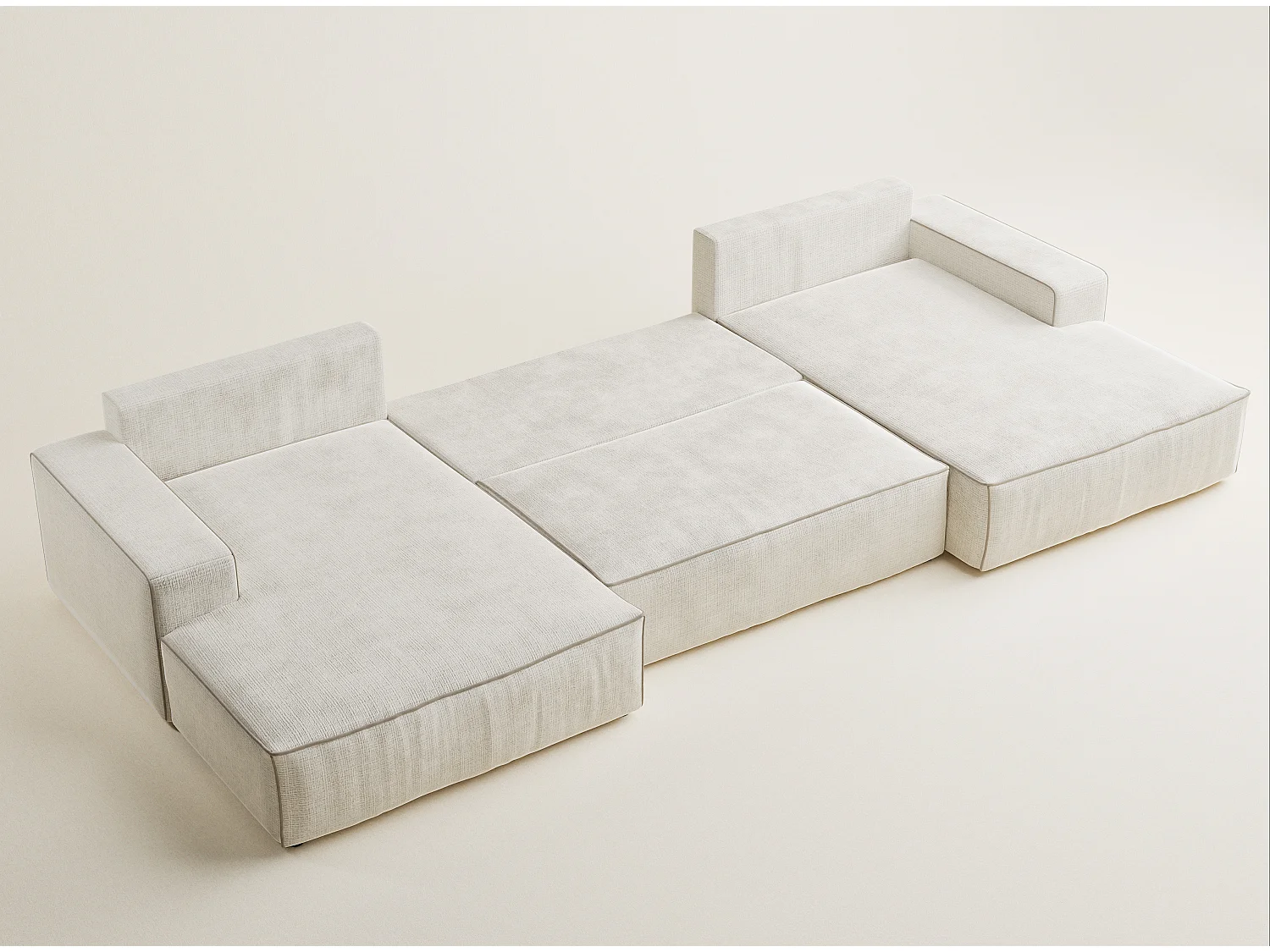 Canapé d'angle panoramique convertible en tissu chenille ivoire-beige DESEO