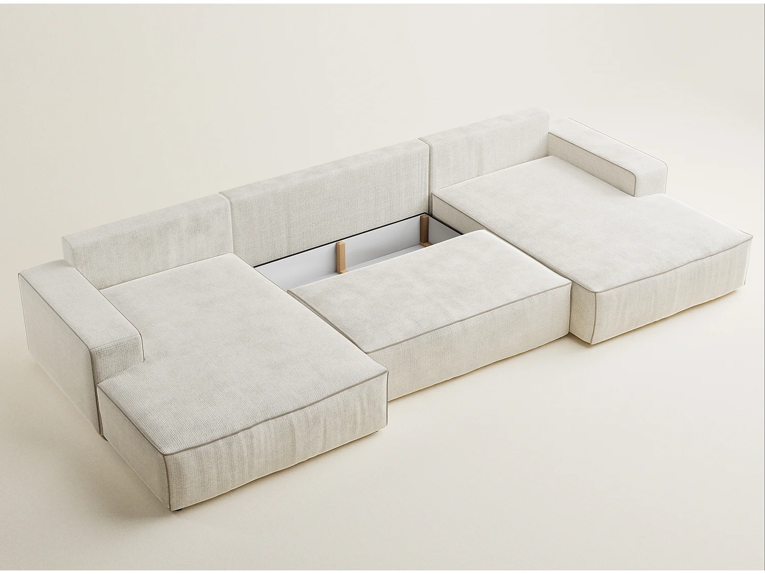 Canapé d'angle panoramique convertible en tissu chenille ivoire-beige DESEO