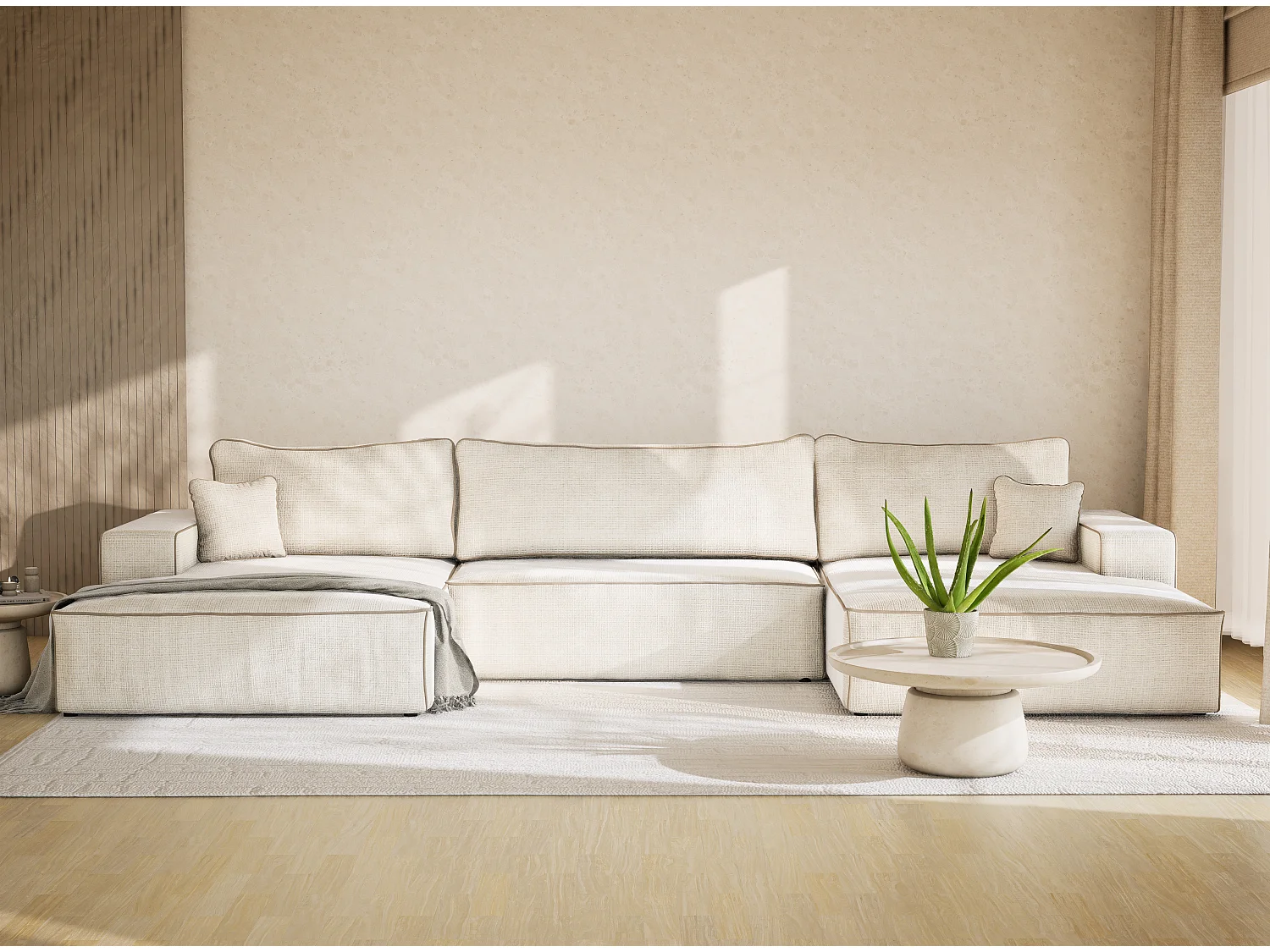 Canapé d'angle panoramique convertible en tissu chenille ivoire-beige DESEO