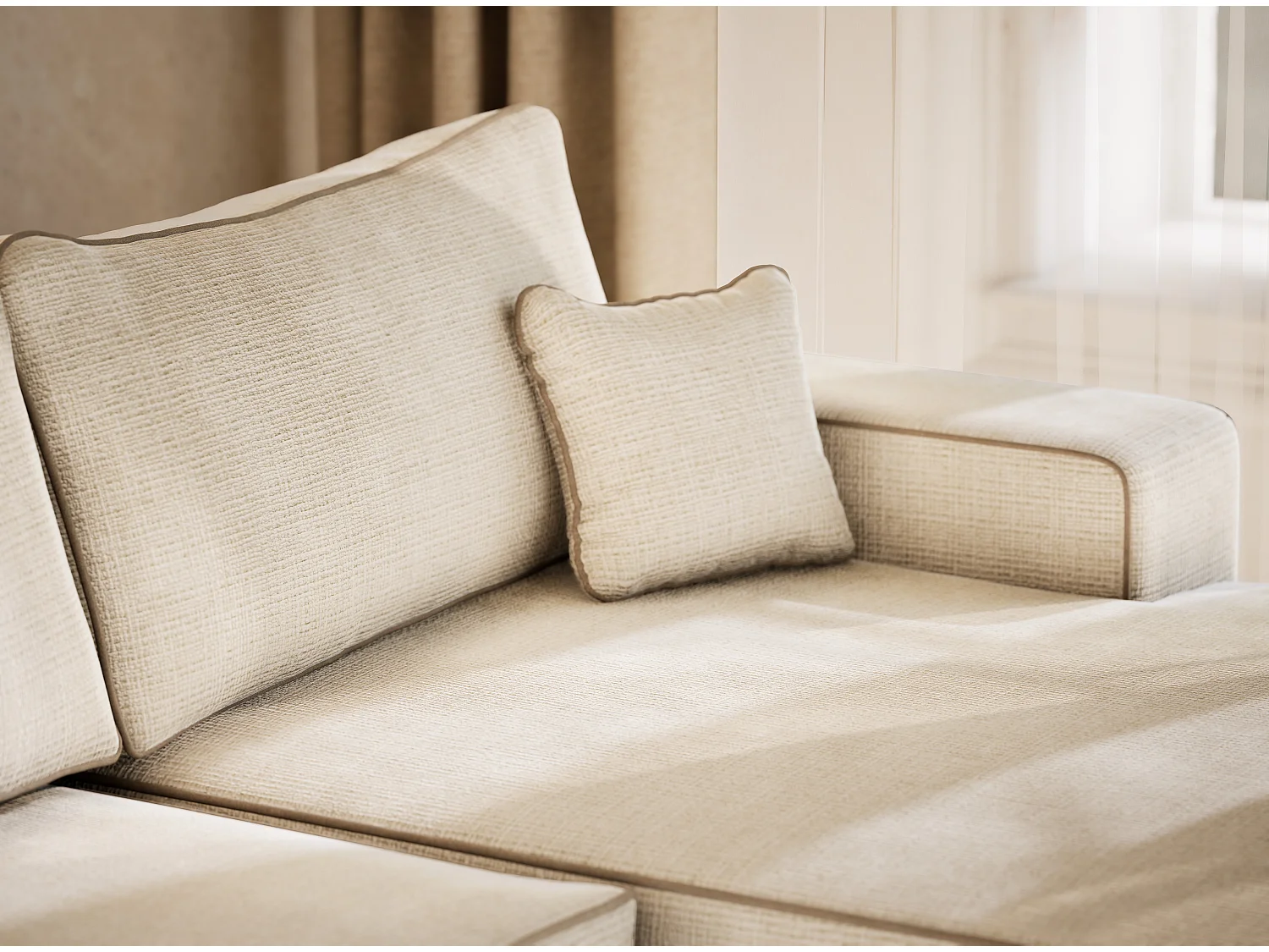 Canapé d'angle panoramique convertible en tissu chenille ivoire-beige DESEO