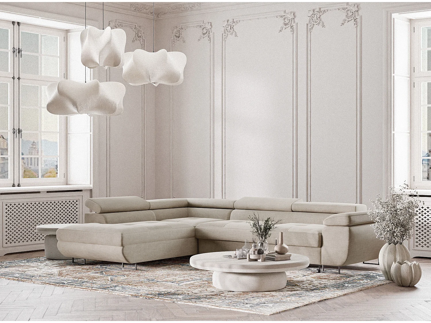 Canapé d'angle gauche convertible en tissu chenille beige CONCORD