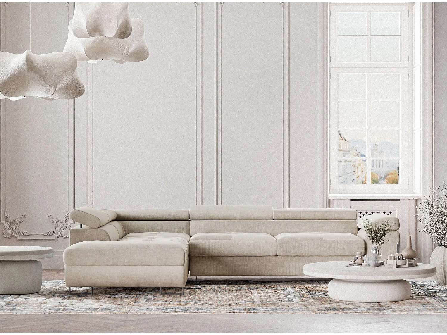 Canapé d'angle gauche convertible en tissu chenille beige CONCORD