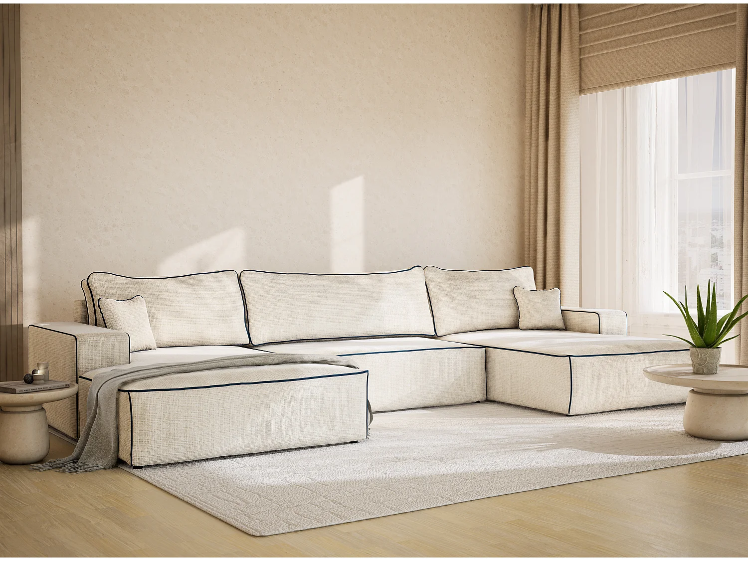 Canapé d'angle panoramique convertible en tissu chenille ivoire-bleu foncé DESEO