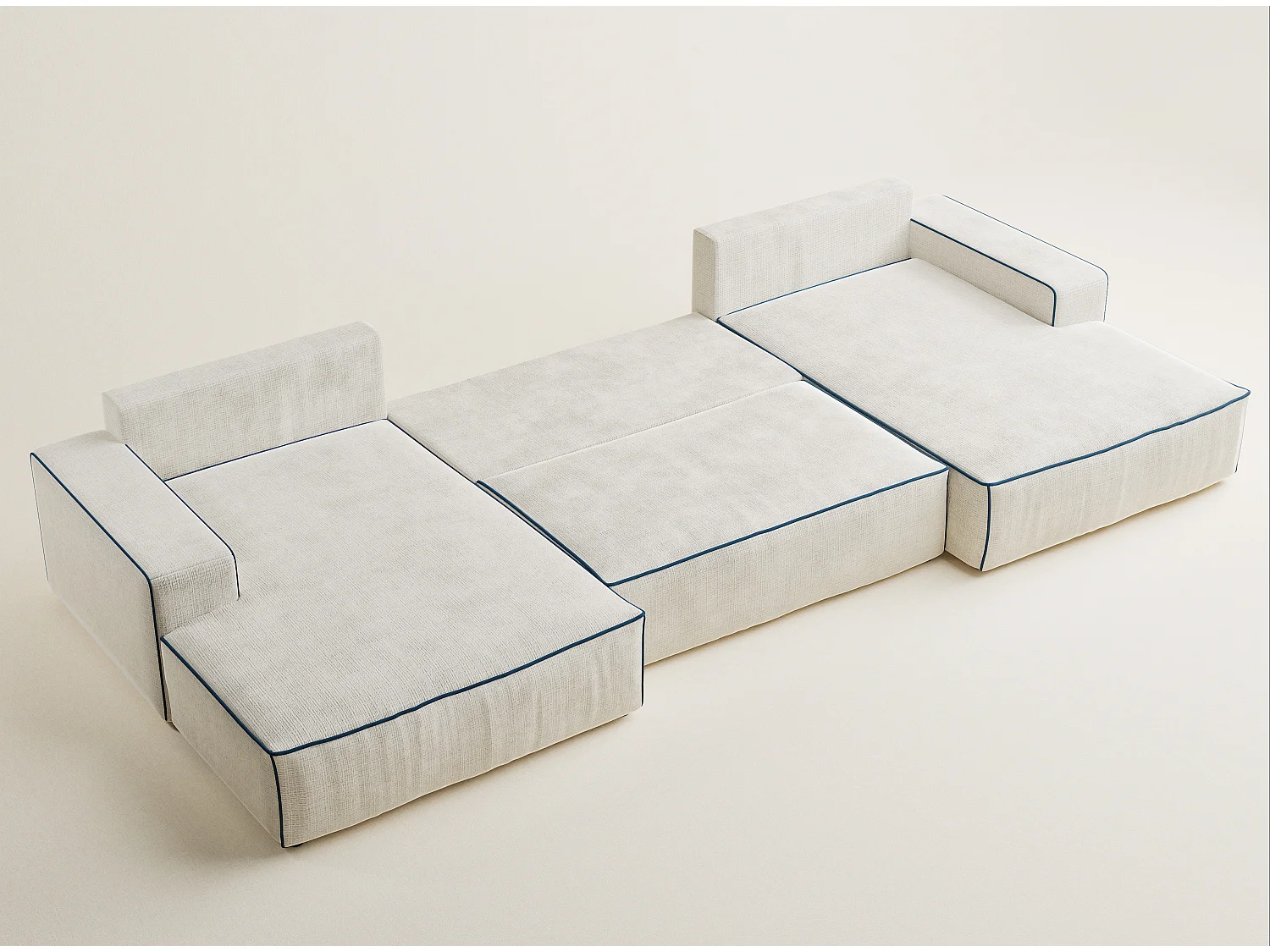 Canapé d'angle panoramique convertible en tissu chenille ivoire-bleu foncé DESEO