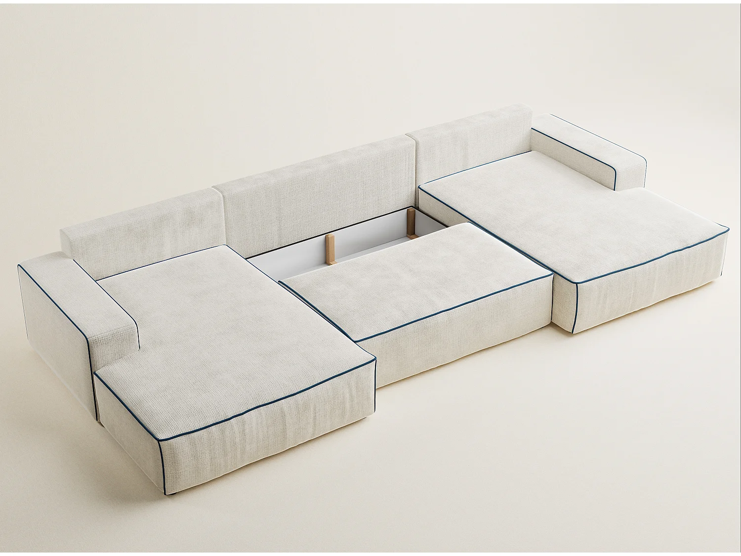 Canapé d'angle panoramique convertible en tissu chenille ivoire-bleu foncé DESEO