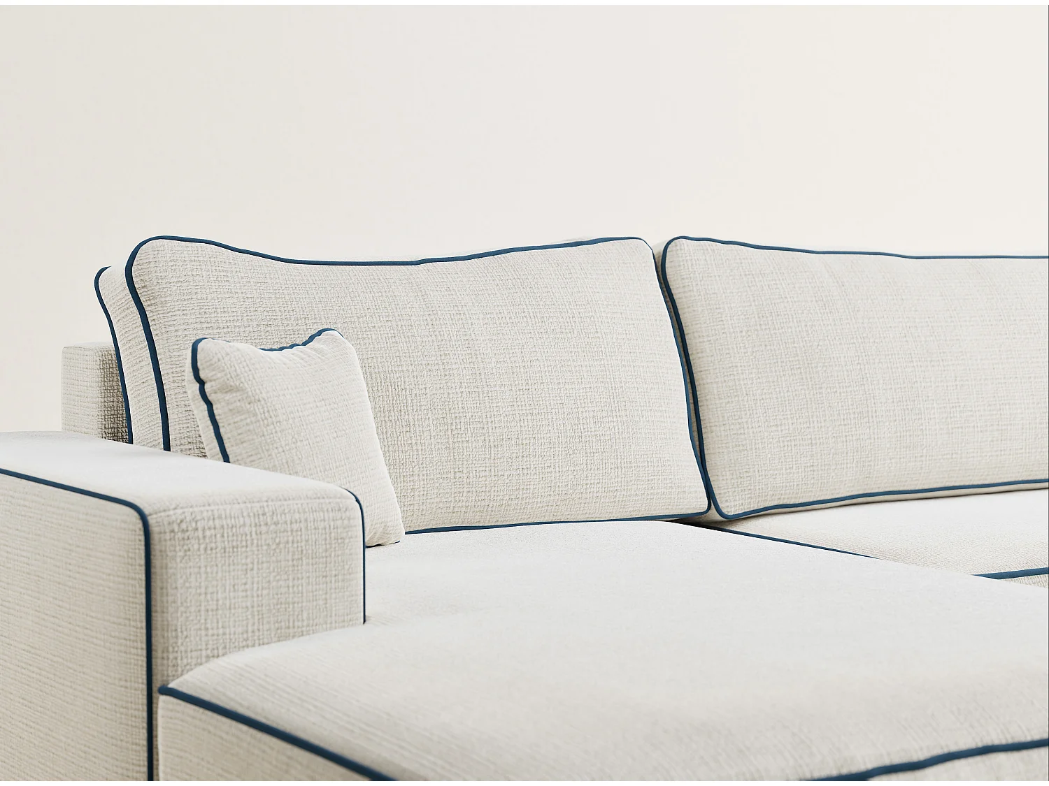 Canapé d'angle panoramique convertible en tissu chenille ivoire-bleu foncé DESEO