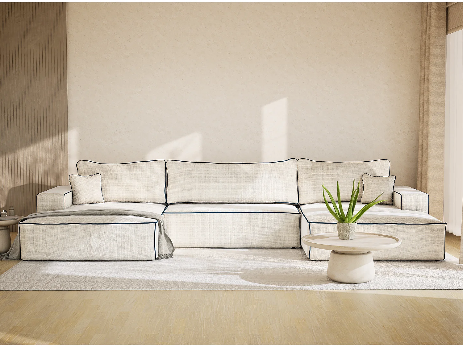 Canapé d'angle panoramique convertible en tissu chenille ivoire-bleu foncé DESEO