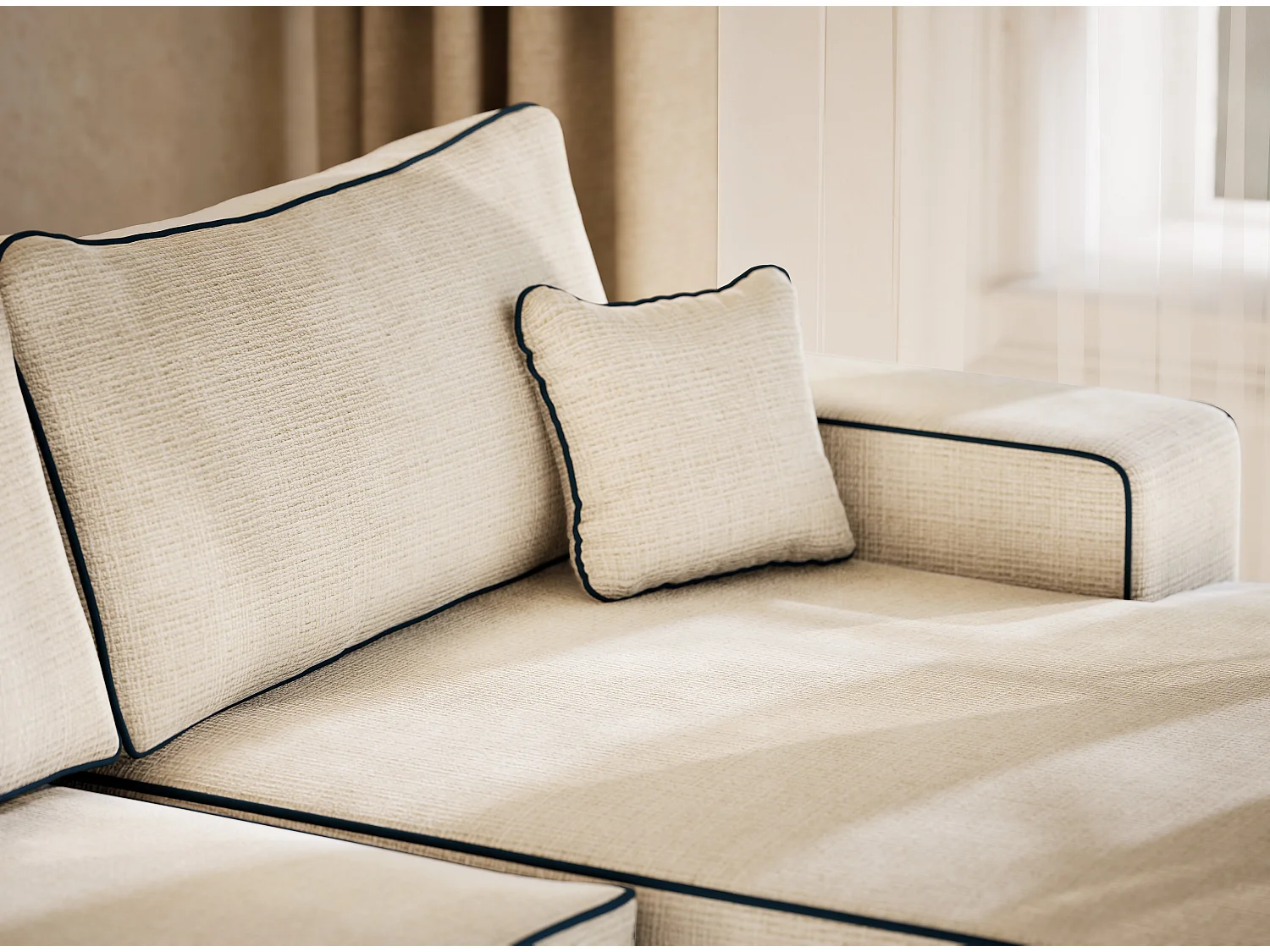 Canapé d'angle panoramique convertible en tissu chenille ivoire-bleu foncé DESEO