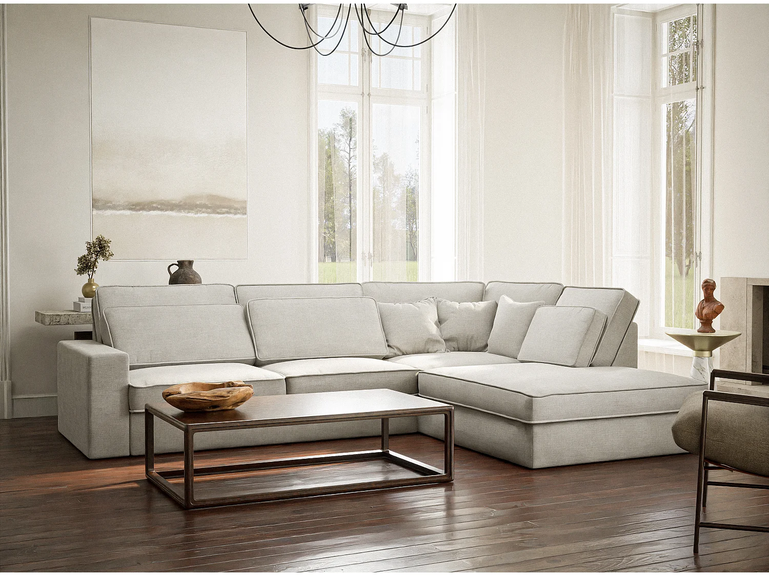 Ecksofa 5-Sitzer - Ecke Rechts - Chenille-Stoff - hellbeige - KIROU