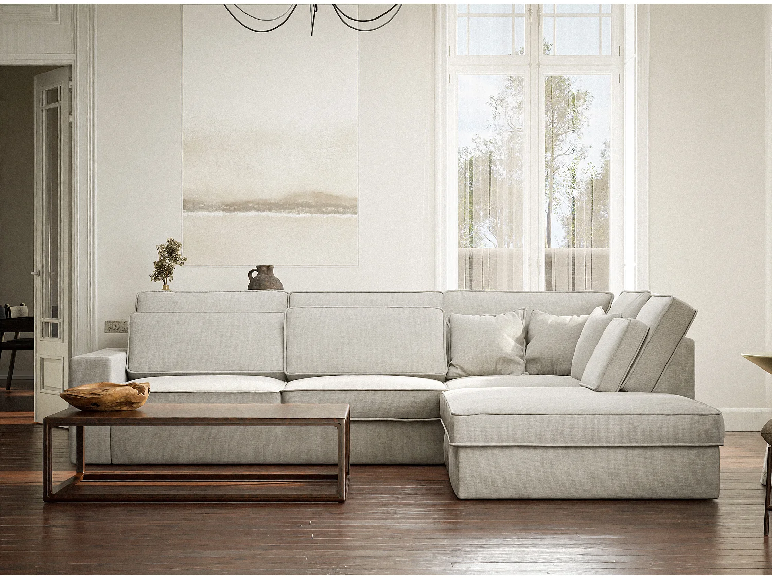 Ecksofa 5-Sitzer - Ecke Rechts - Chenille-Stoff - hellbeige - KIROU