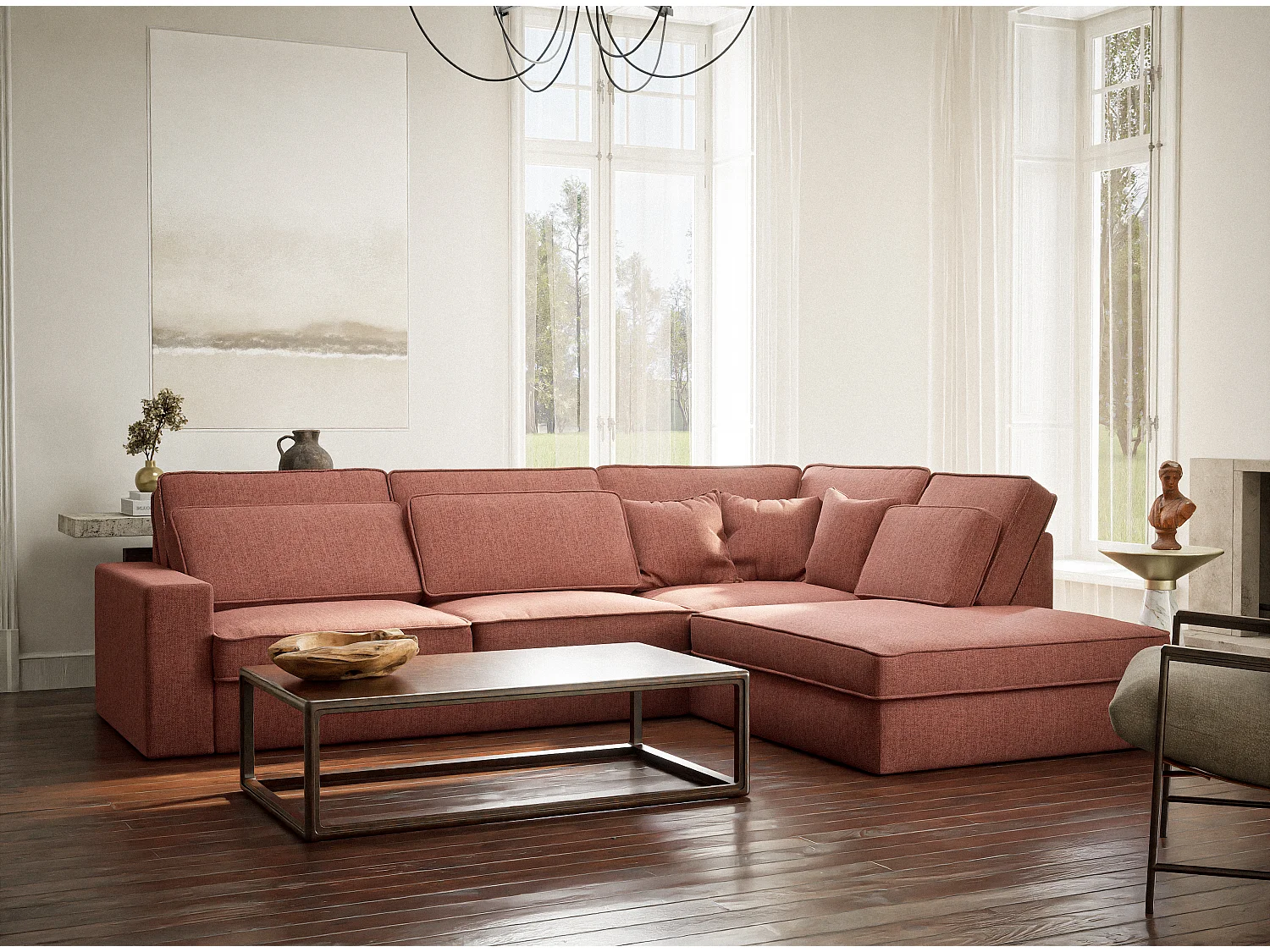 Canapé d'angle droit 5 places en tissu tressé corail KIROU